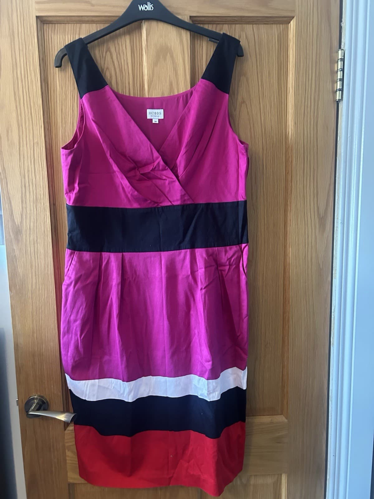 Hobbs Pink Black White Colour Block Midi Dress UK 14 V Neck Occasion