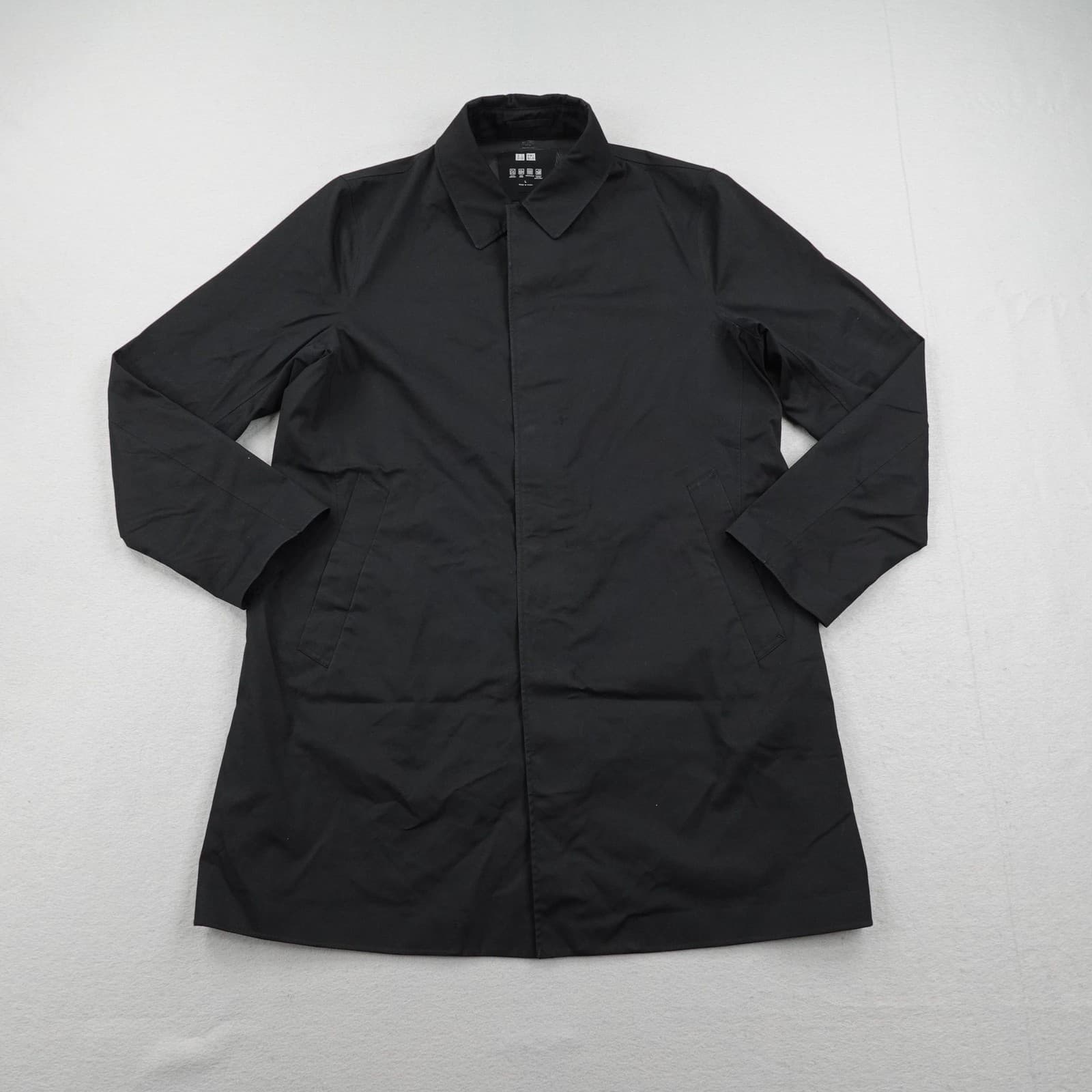UNIQLO Coat Mens Large Black Water Resistant Trench Rain Coat Snap Up Breathable