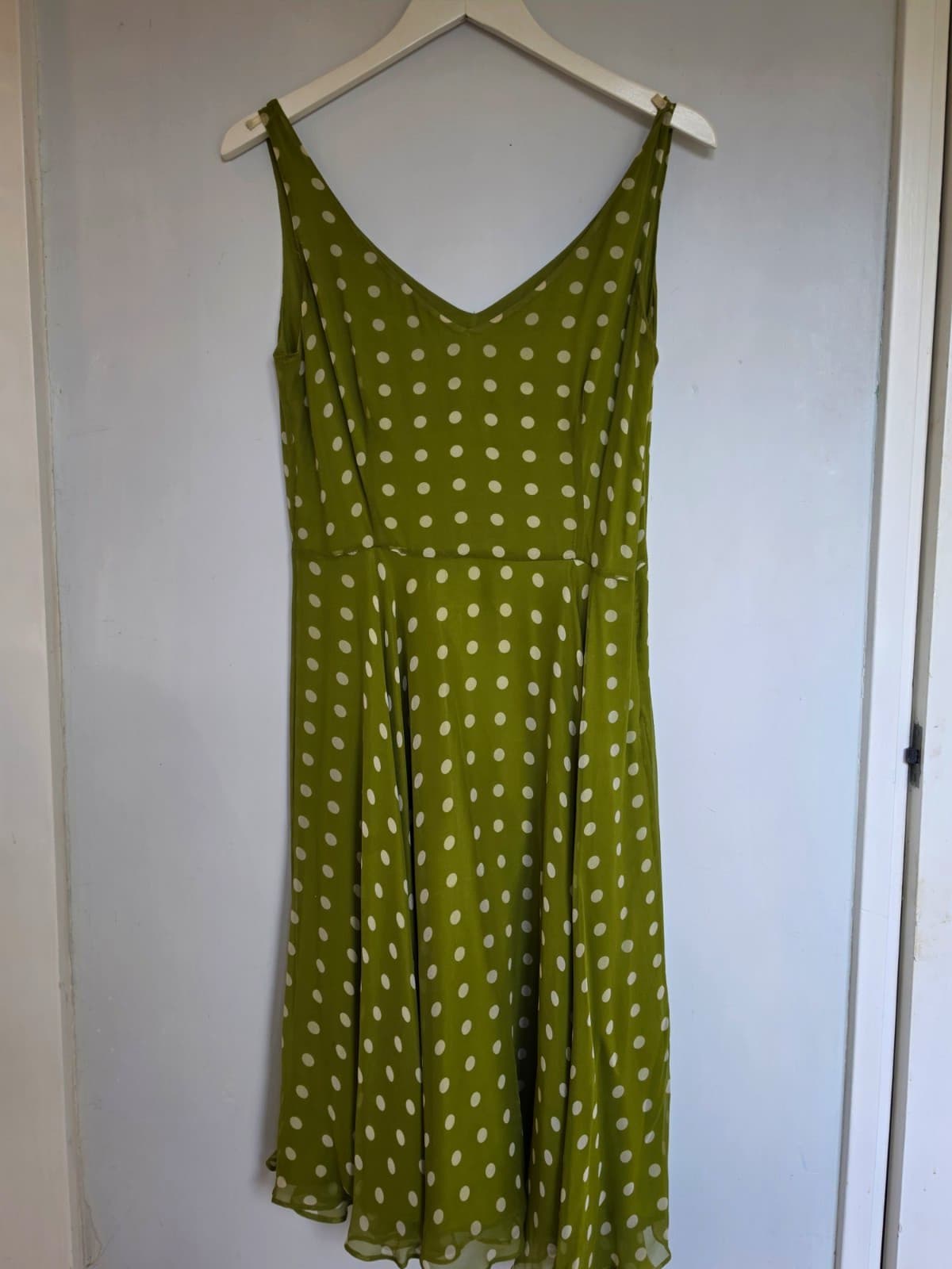 Hobbs Green/White Polka Dot Cotton A-Line V-Neck Midi Dress Zip UK 12