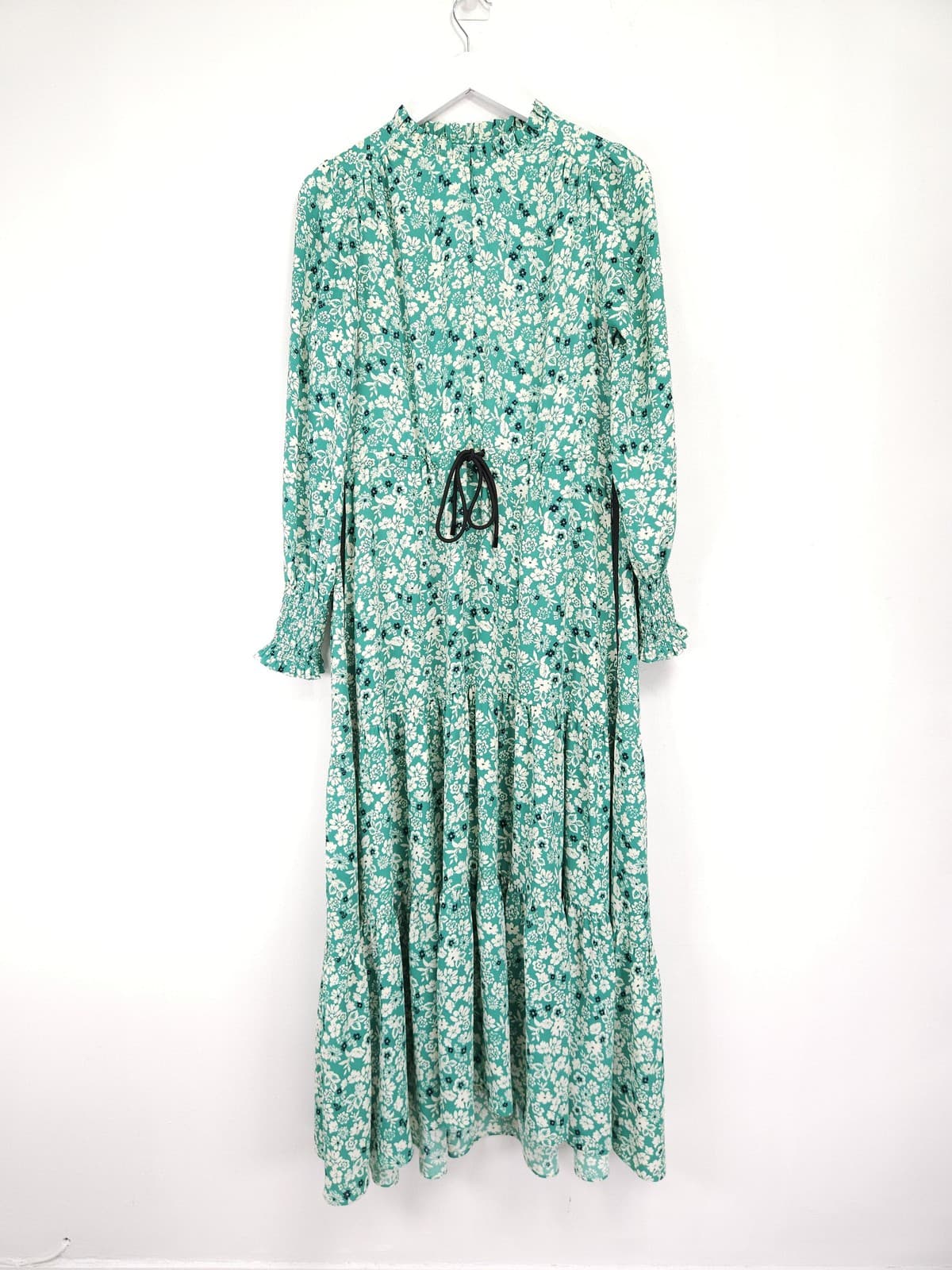ME+EM Dress Size 12 Green Flower Silhouette Drawstring Maxi High Neck Ruffle