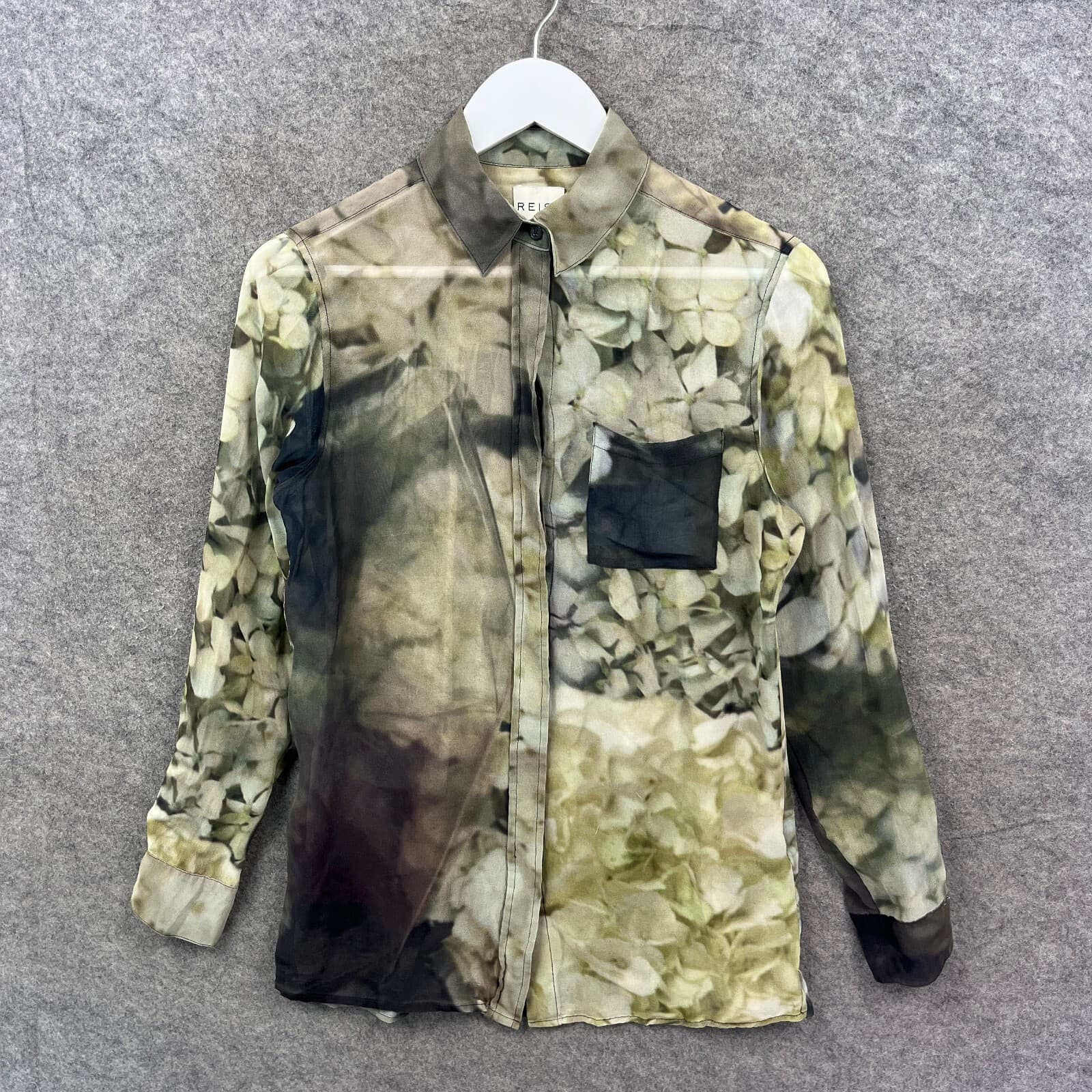Reiss Shirt Womens UK 8 Green Josh 100% Silk Blouse Sheer Collar Floral Top
