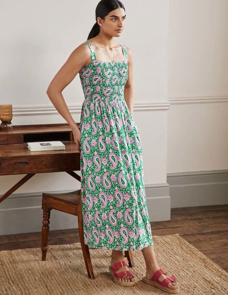 BODEN Peggy Jersey Maxi Dress Size UK 12 Pink Green Paisley Smocked RRP £90